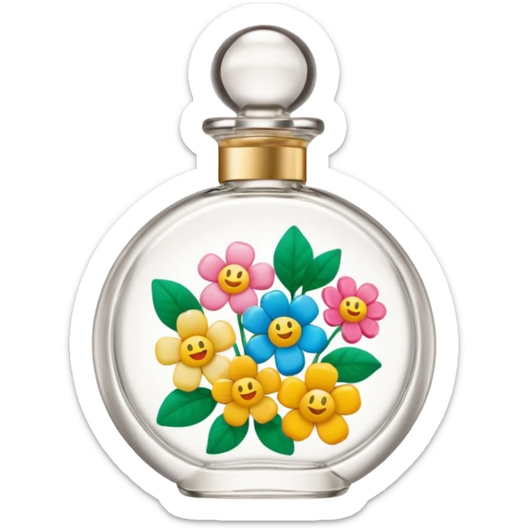 Benetton Sisterland perfume bottle, rounded shape, with a floral motif, emoji style sticker