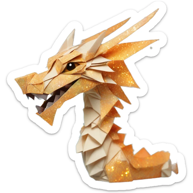 Sparkling patterned Beige Origami dragon with a dried flower crown made of newspapers intricate patterns surrounded by fairy lights nebula galaxy stars swirls iridescent orange cyan yellow sticker