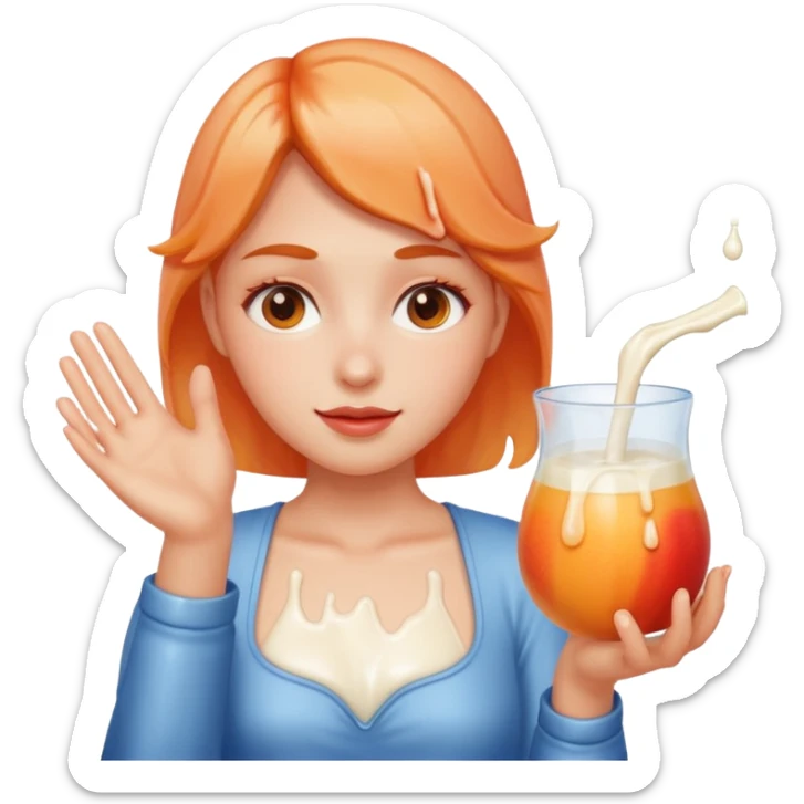 milk dripping directly off palm of hand with 5 fingers and open peach sticker