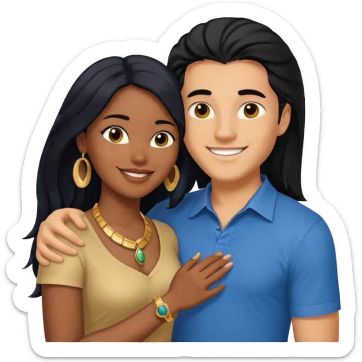 smiling embracing interracial couple from waist up. ebony woman with long hair and jewelry. brazillian man short hair wearing blue. sticker