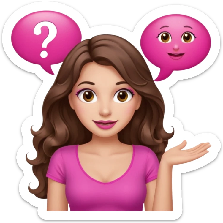 girl with long wavy brown hair, brown eyes, long lashes makeup, sexy pink lips, light to medium complexion, wearing a pink sexy top, shugging, smiling, question mark one speech bubble sticker