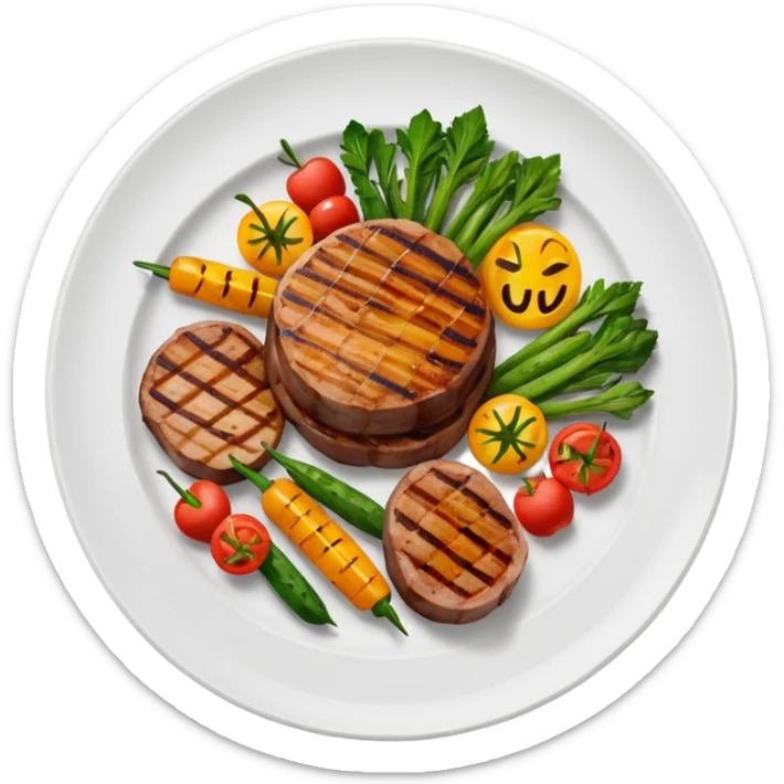 minimalist iOS style Apple emoji of a plate of grilled meat and vegetables sticker