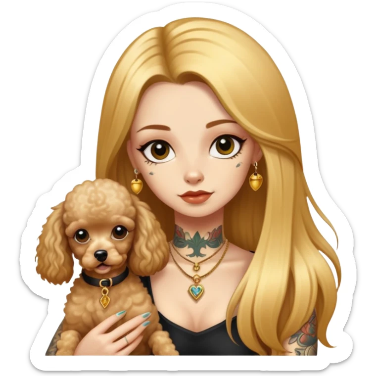 a  girl with glod  straight long hair and tattoos and two miniature poodles sticker