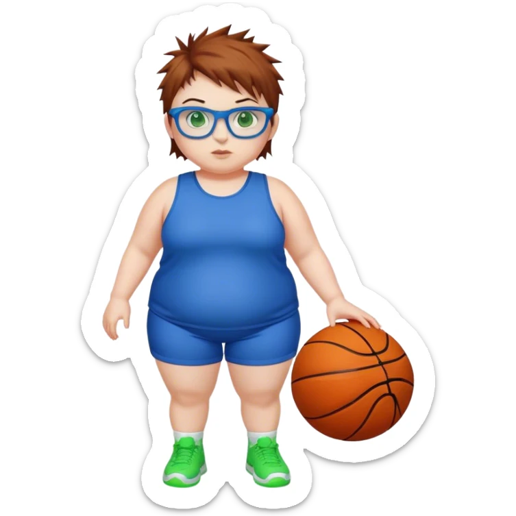 Full Body white chubby Girl with basketball spikey short brown hair  wearing blue glasses with green eyes sticker