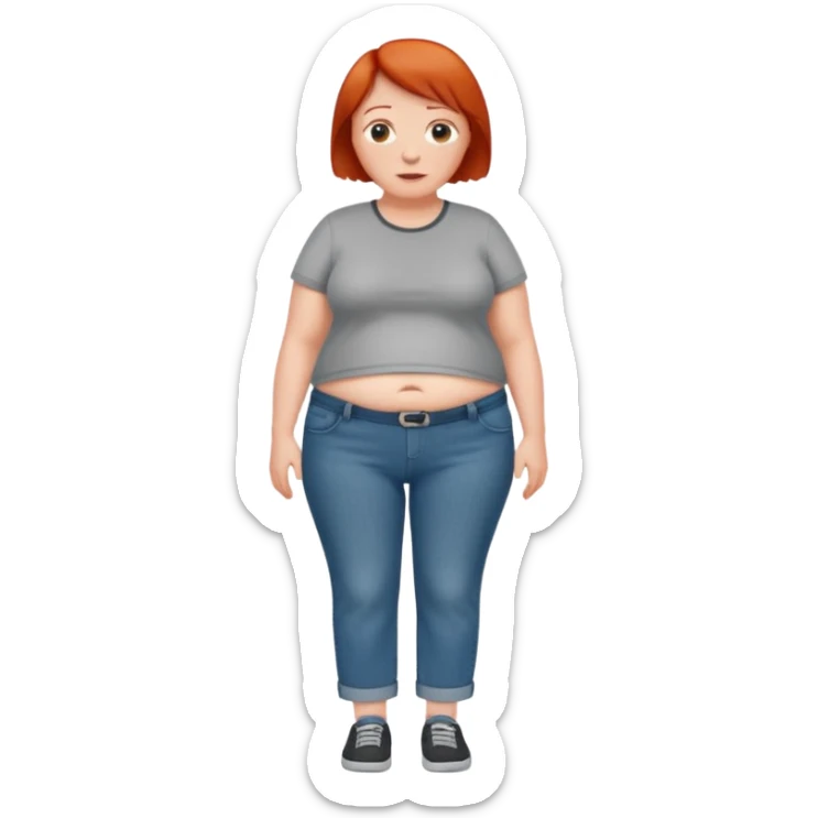 Lazy old Short woman with straight short red hair and fat tummy..wears jeams and full tahirt sticker