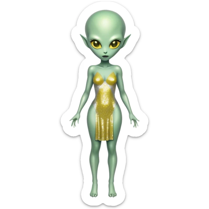 alien woman light green skin in silver dress Yellow eyes, full body  sticker
