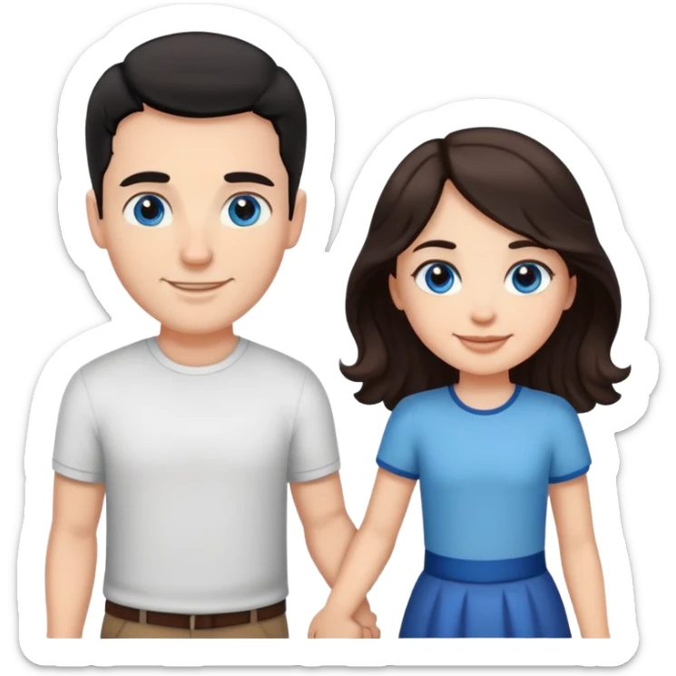 Strong white man with short black hair and brown eyes and white girl with long wavy brown hair and blue eyes holding hands sticker