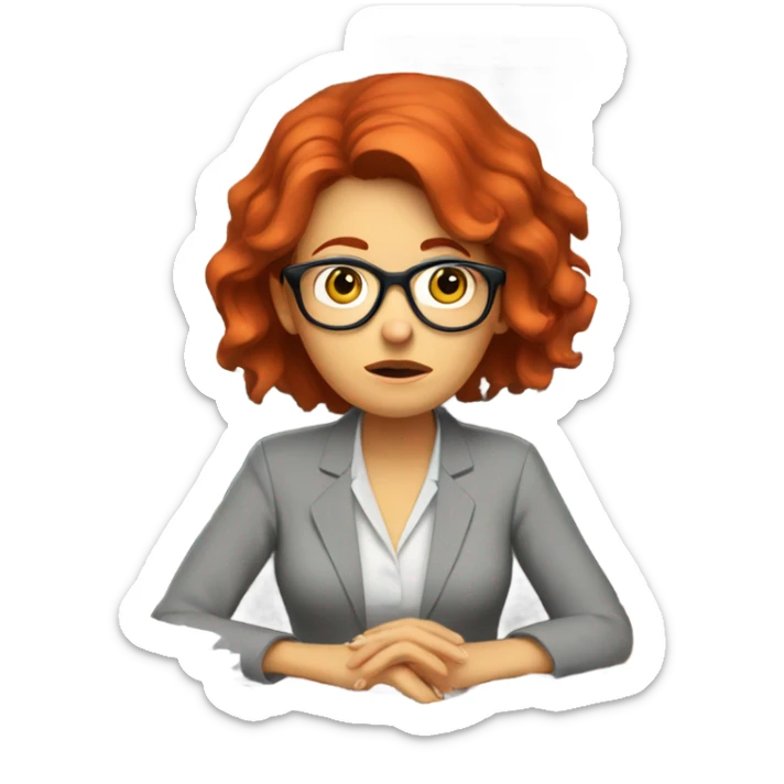 red hair woman wearing glasses sad frustrated desk monitor stack paper sticker