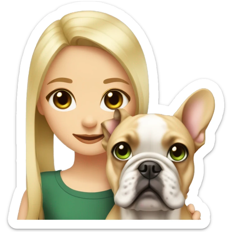 A blonde girl with green eyes with a square hugs a French bulldog with brown eyes and dark gray fur sticker