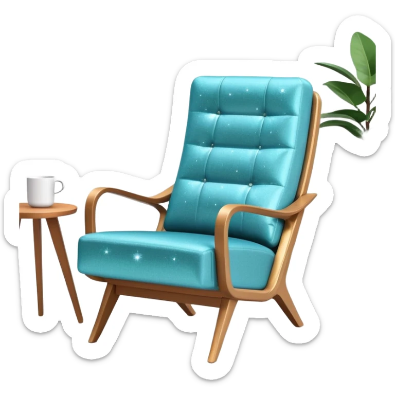 angled smartphone in foreground with clear display of an armchair product page on the screen, with sparkle on the left side sticker