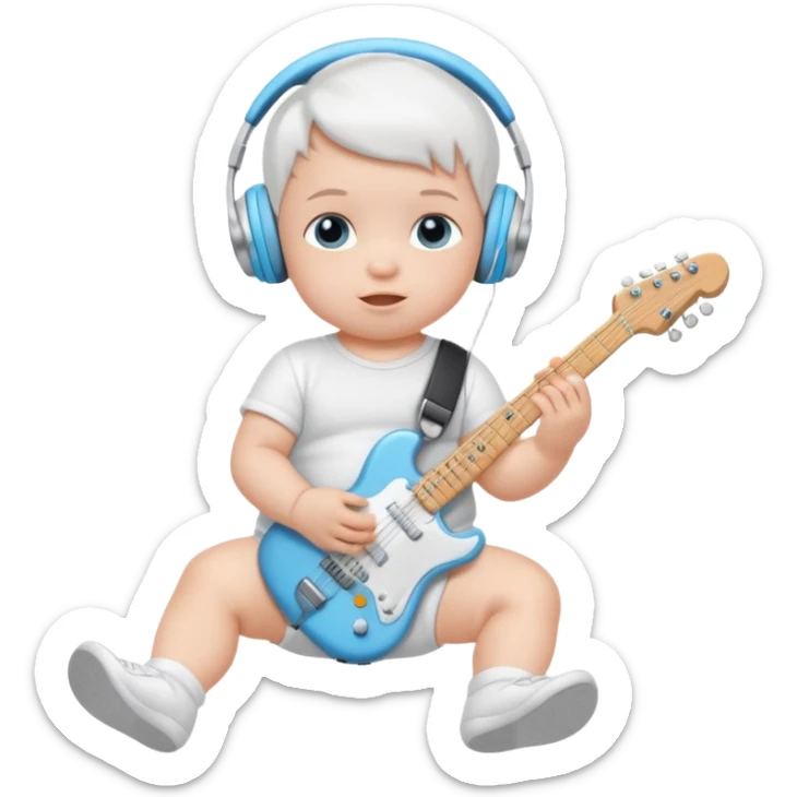 a cute baby in a white diaper and air pod max silver headphones playing a baby blue electric guitar sticker