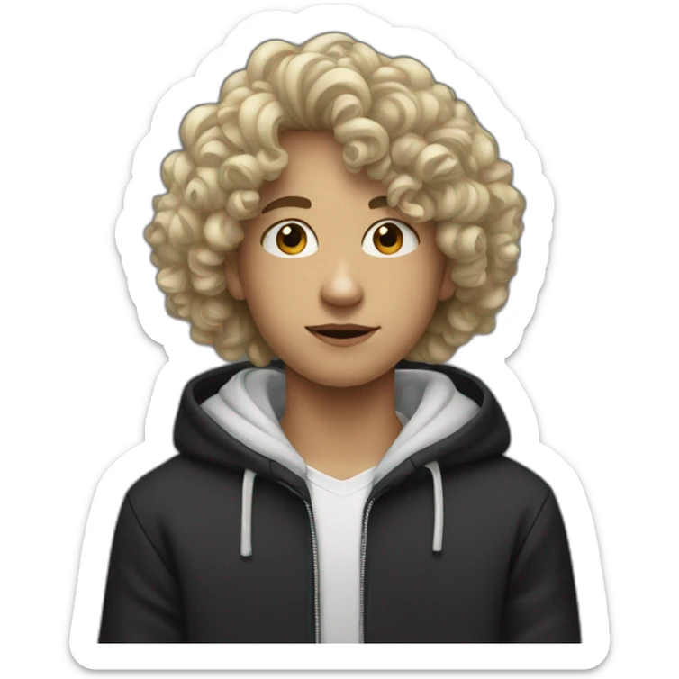 A white teenager with curly hai and big nose with black hoodie sticker