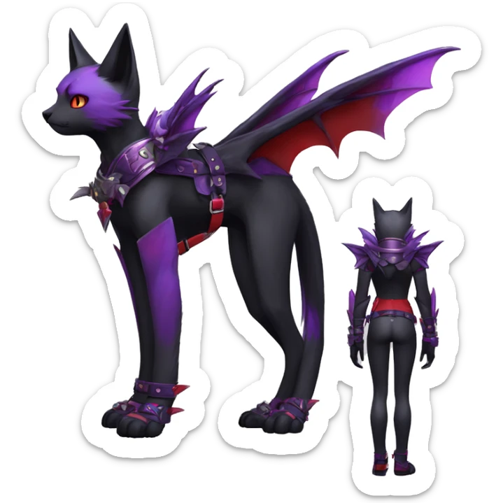 Anthro sona cool cute pretty black punk red Purple ethereal fantasy nargacuga-bat-cat-Fakemon spiked collar harness full body sticker