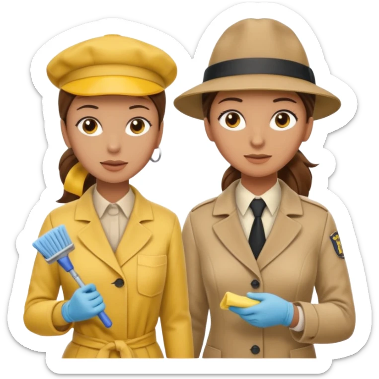 A cleaning Lady with Brown hair, high ponytail and yellow cleaning gloths is Talking to a Detektive (a man) with beige hat, a beige coat and he is interviewing the cleaning Lady sticker