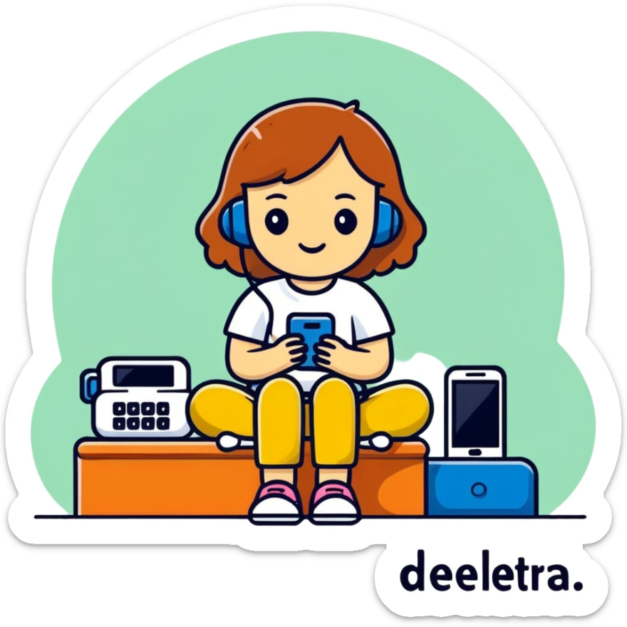 A cartoon-style sticker of a girl sitting in a phone with the text "Доделаем завтра." Use the provided photo as a reference for the character. Add a white outline to the sticker. Style the text to match the cartoon style. sticker