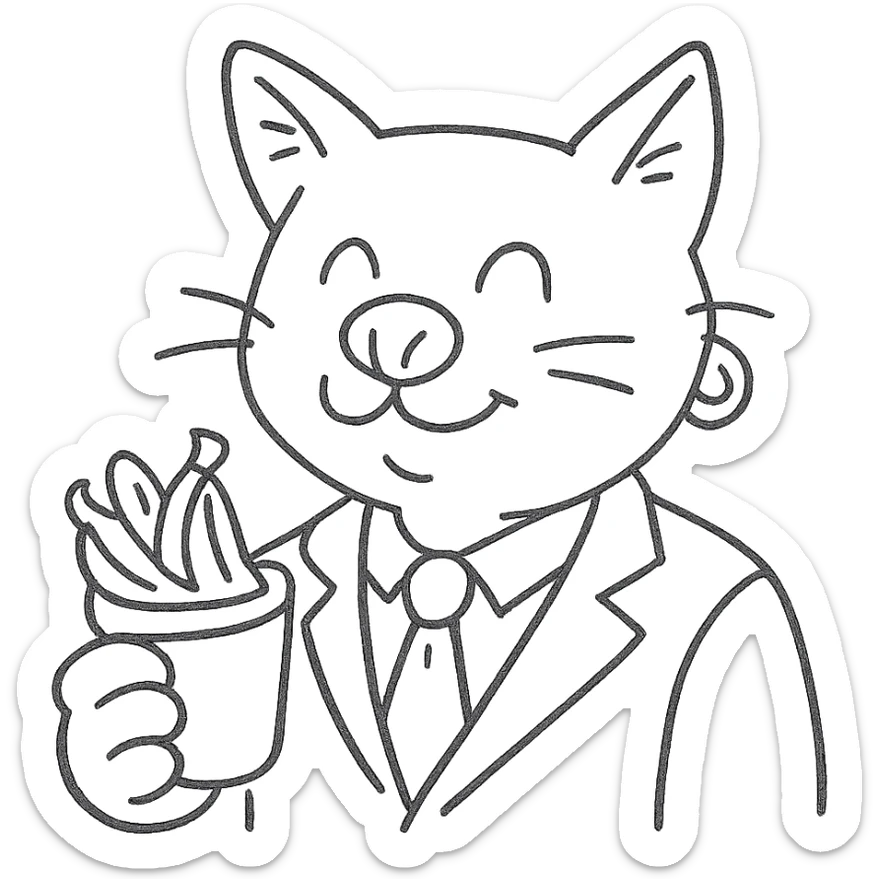 cat with a dog nose, wearing a suit, earring, holding a cup of bananas, playful expression sticker
