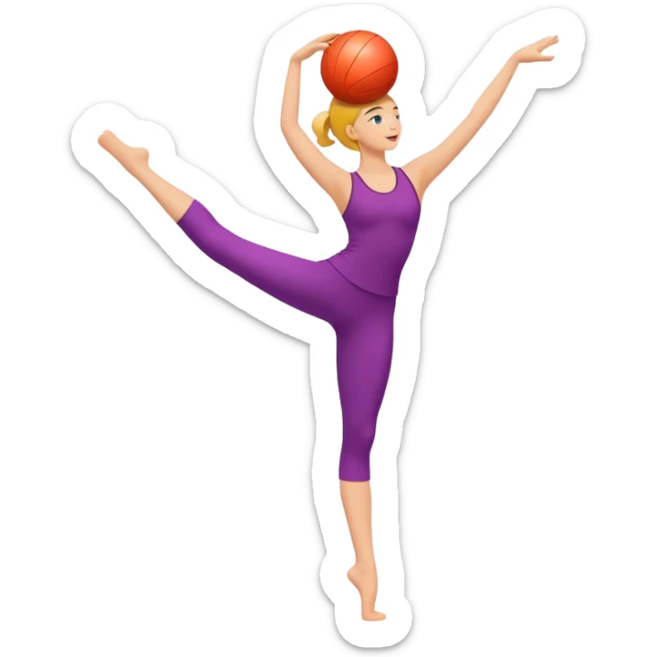 A minimalist vector emoji of a person standing on one leg in an arabesque pose, holding a fitness ball. Clean lines, flat design, vibrant energetic colors. sticker