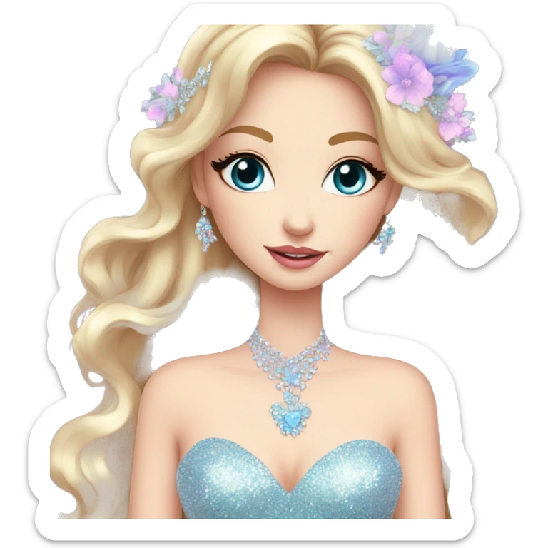Gorgeous pastel Lady with blue eyes in a sparkly shiny dress with tiara and necklace and flowers behind her and trending  sticker