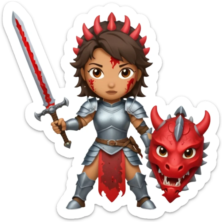 Fierce Latina in armor with a sword after a battle cutting off the head of a dragon sticker