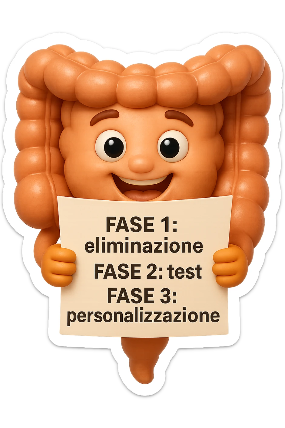 emoji stile iphone 3d di un intestino che tiene in mano un foglio con la scritta "FASE 1: eliminazione, FASE 2: test, FASE 3: personalizzazione, IPERREALISTICO 4K sticker