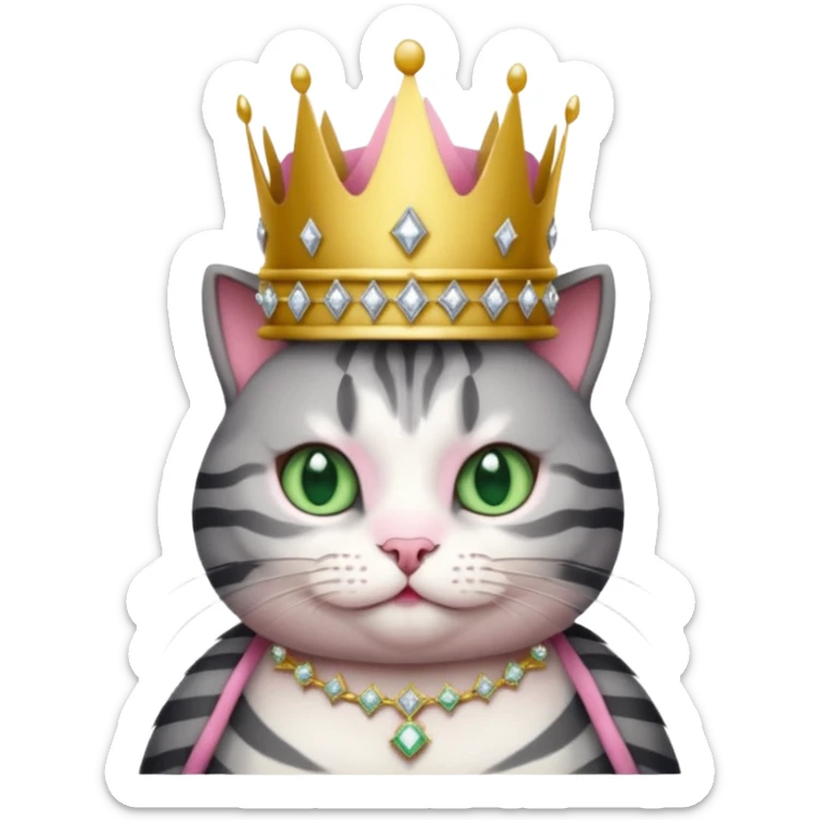 Gatito gris oscura con rayas negras ojos verdes vestida de reina con coronas y diamantes, más peluda y gordita  sticker