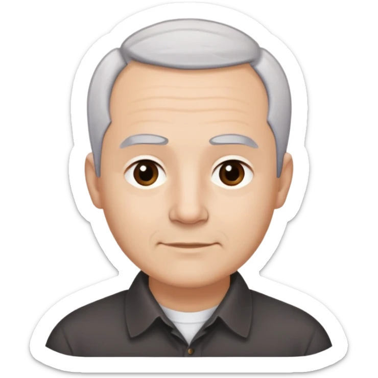 Head and shoulders portrait of Puerto Rican actor René Monclova. Round face with light skin tone. Short gray/white hair with receding hairline. Expressive dark brown eyes, thick eyebrows. Clean-shaven. Slight smile. Wearing a dark collared shirt. sticker