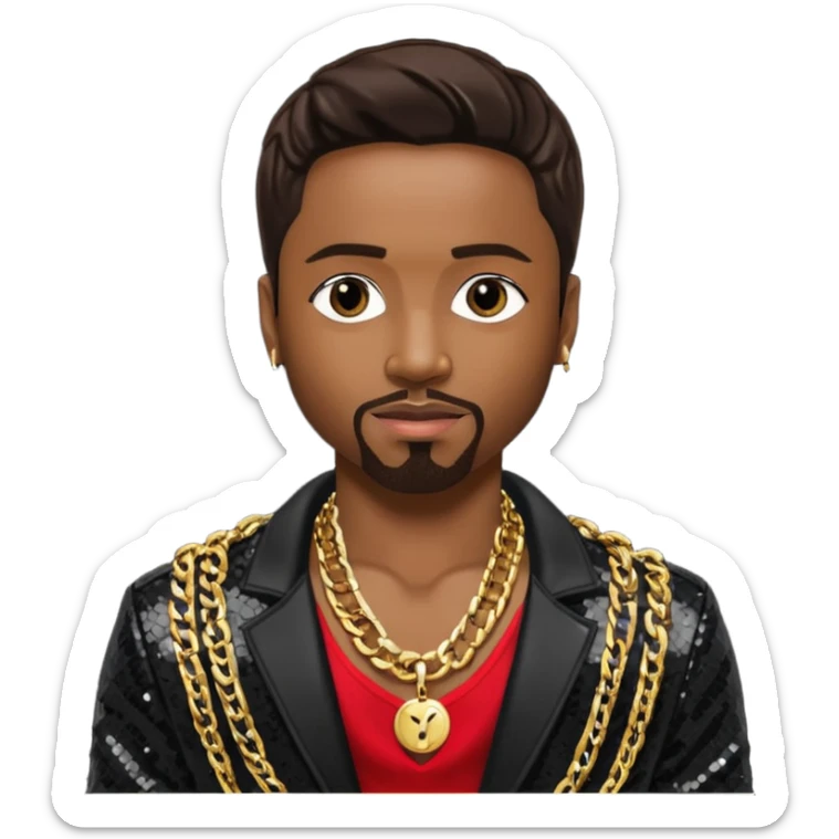 Teddy Riley with dark brown hair, black sequin jacket, shirtless with necklace  sticker
