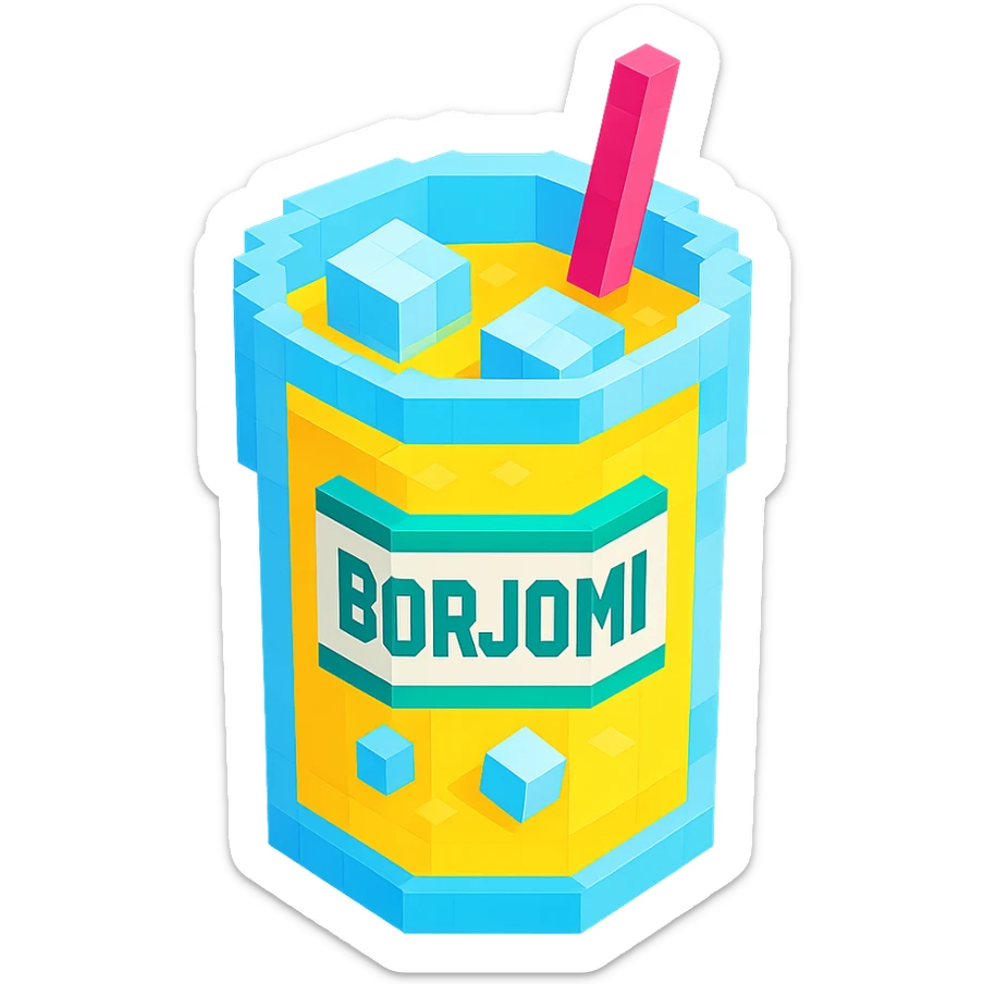 Borjomi lemonade glass with ice cubes and a straw sticker