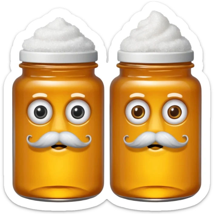 Garama and Madundung are together a gray container of salt and a honey container with a cloth on top. They each have eyes with white in the middle, a mouth, nose, and mustache both customary to their colors. They have hairy legs and emit an aura of salt (Garama), and honey (Madundung). sticker