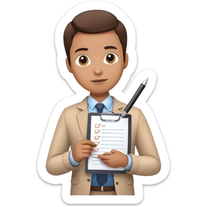 A person holding a checklist and pen is wearing smart casual clothing. The character is in a focused pose sticker