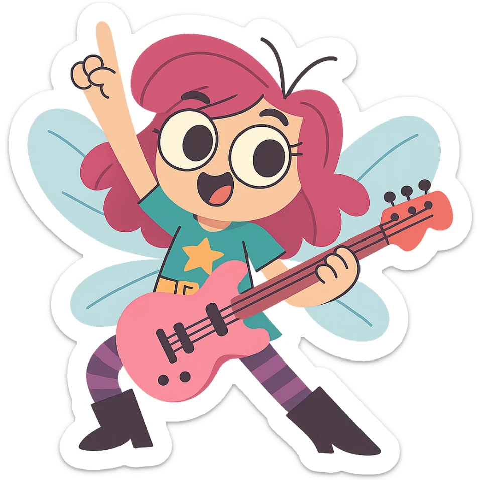 young female fly with magenta hair, big eyes, teal shirt with star, golden belt, black boots, purple-striped leggings, holding a pink guitar, rockstar pose, playful and energetic sticker