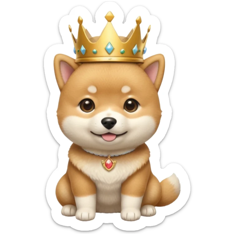 3 month old Shiba Inu puppy emoji, wearing small golden crown, cute royal expression, round body, soft fluffy fur, glossy eyes, bright pastel background, kawaii mascot style, centered composition, high quality render sticker