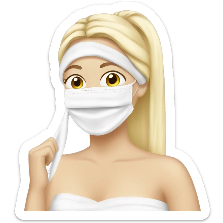 blonde girl applying white sheet face mask with a towel in her hair sticker