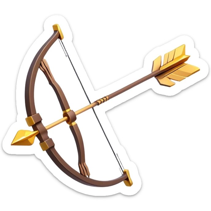 Clash of Clans aesthetic: Cinematic Playful 3D Isometric Bow & Arrows Emoji, rendered in a 3D vector-style similar to standard emojis with minimal shading and bold, simplified shapes. A compact, distinct form with signature details, softly glowing with a fantasy RPG magic charm. Simplified yet unmistakably iconic, highly detailed and consistent, glowing with a soft radiance and high shine. Stylized with a touch of heroic grandeur and a soft glowing outline, capturing the essence of a beloved gaming relic with a friendly, playful manner! sticker