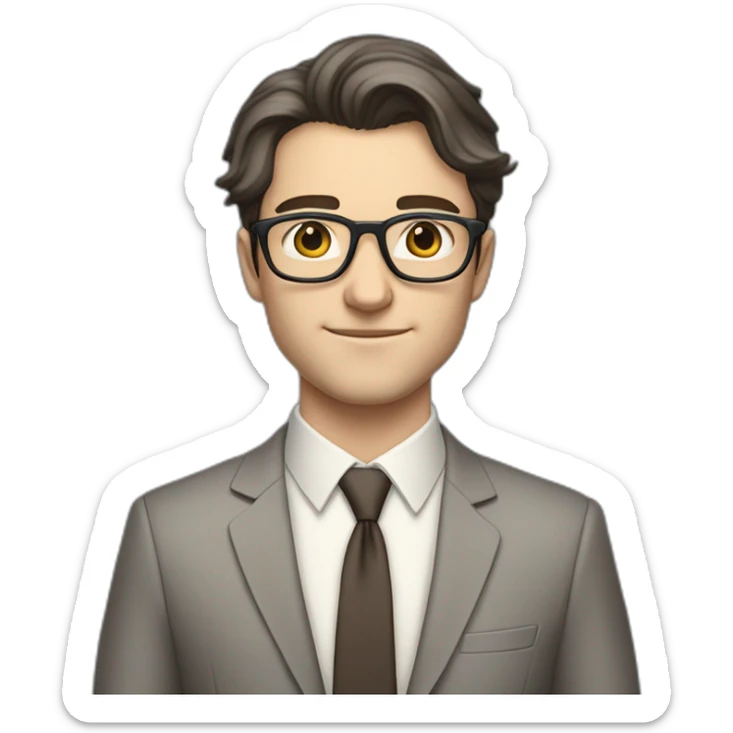 Full height Pale skinned Fit Man With dark brown hair in classic gray suit, beige office shirt, dark gray tie, and vintage glasses. Thrumbs of his palms directed up sticker