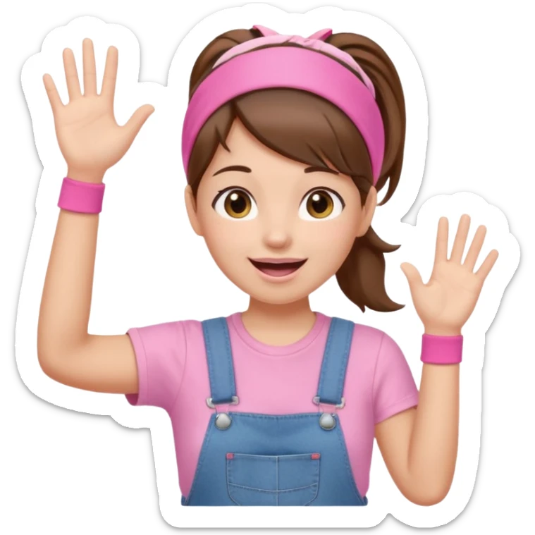 preschool teacher with brown hair pulled up in high ponytail and light pink headband. Has a pink t-shirt with denim overalls. Expression is happy and friendly with mouth wide open. Has one hand up waving hello. sticker