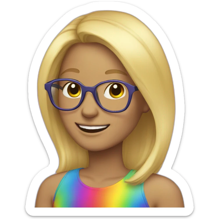 blonde hair woman, glasses, rainbow clothes, smile sticker