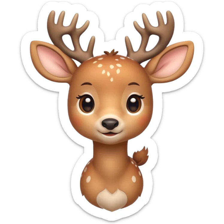 A cute deer emoji, small and simple, with big round eyes, a gentle smile, short antlers, soft beige fur with slightly lighter spots on its back, rounded cartoon-like proportions, minimal shading, vector-style, sticker