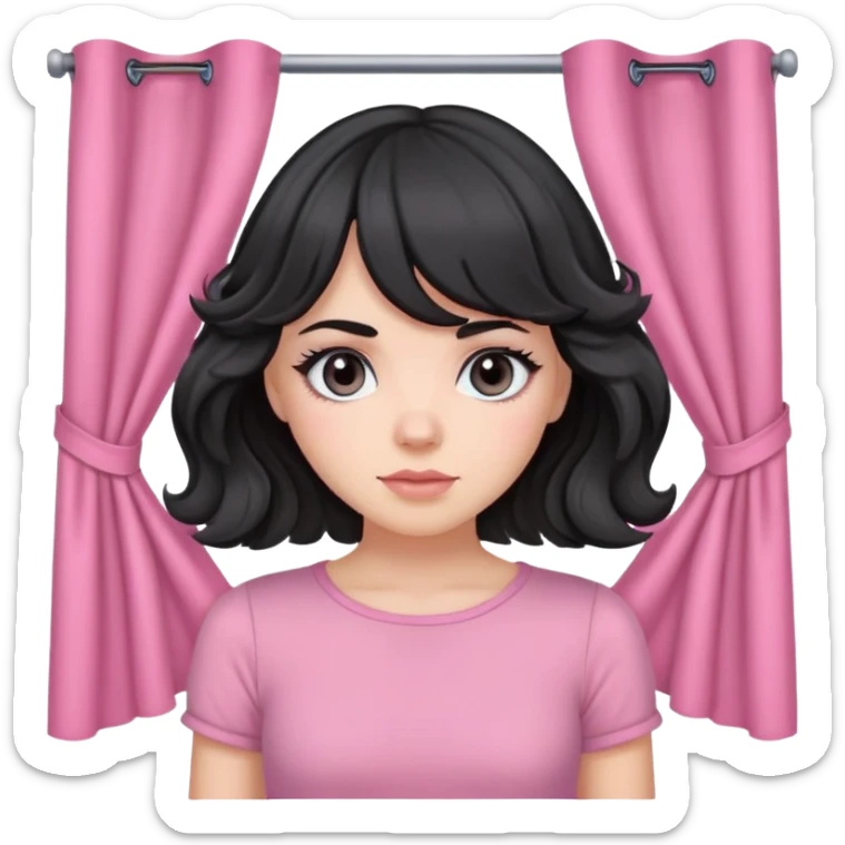 white girl with black wavy hair with curtain bangs, gray eyes, pink top sticker