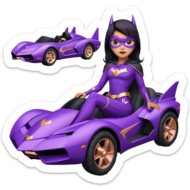 Hot full size real-appearance racing action BatGirl’s feminine midnight-purple tight outfit sixty’s tv show 2032 stealth retro cat burglar sporty petite off-road pursuit hovering black hover cruiser car rose gold accents (black hair,reclined and relaxed seating position and attitude) desert sticker