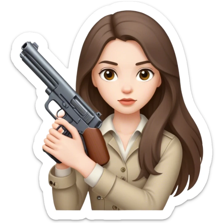 beautiful pale brunette girl with long hair with a short gun sticker
