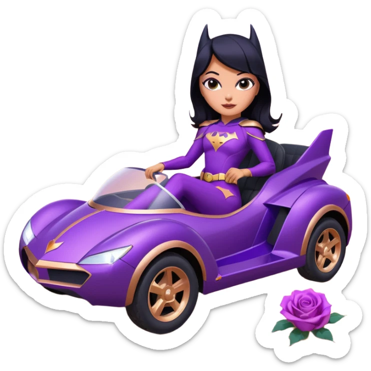 Hot full size real-appearance racing action BatGirl’s feminine midnight-purple tight outfit sixty’s tv show 1992 stealth retro cat burglar sporty petite off-road pursuit hovering hover cruiser car rose gold accents (black hair,reclined and relaxed seating position and attitude) desert sticker