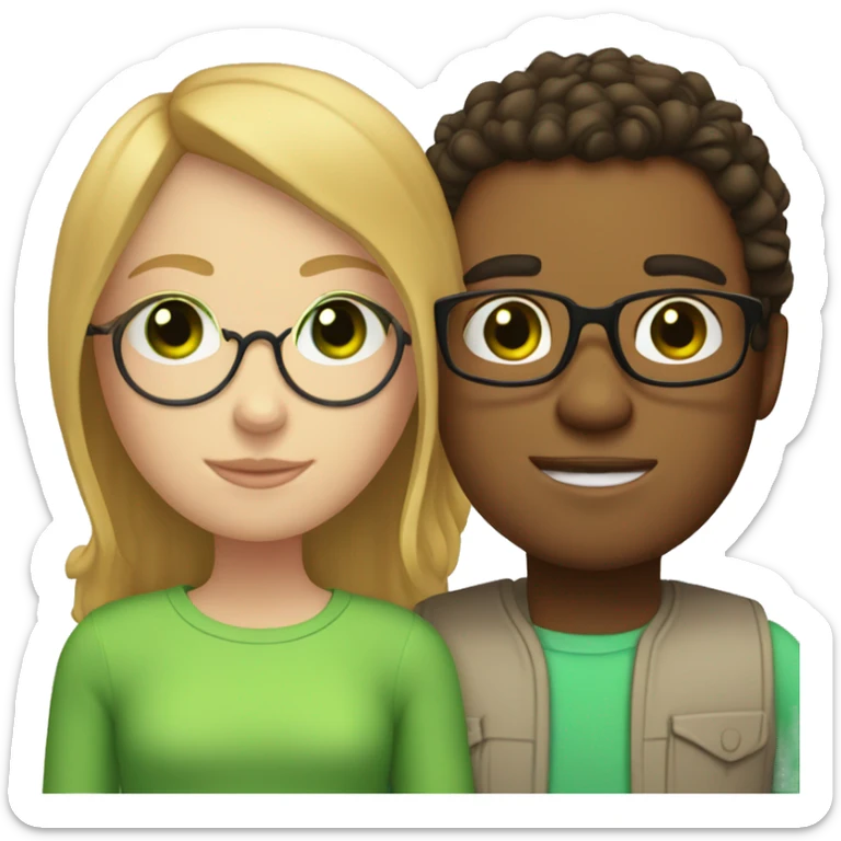 white ginger girl with straight hair and green eyes is with a mexican brunette boy with curly hair, green eyes, and glasses sticker