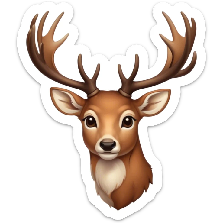Cinematic Noble Deer Portrait Emoji, Poised and regal, with a graceful, slender build and a dappled Fur of warm browns and creams, elegant antlers crowning its head, deep-set soulful gentle eyes, Simplified yet sharp and sophisticated features, highly detailed, glowing with a soft, dignified glow, high shine, intelligent and serene, stylized with an air of forest majesty, focused and attentive, soft glowing outline, capturing the essence of a watchful woodland guardian, so majestic it feels as though it could gracefully leap out of the screen with effortless authority! sticker