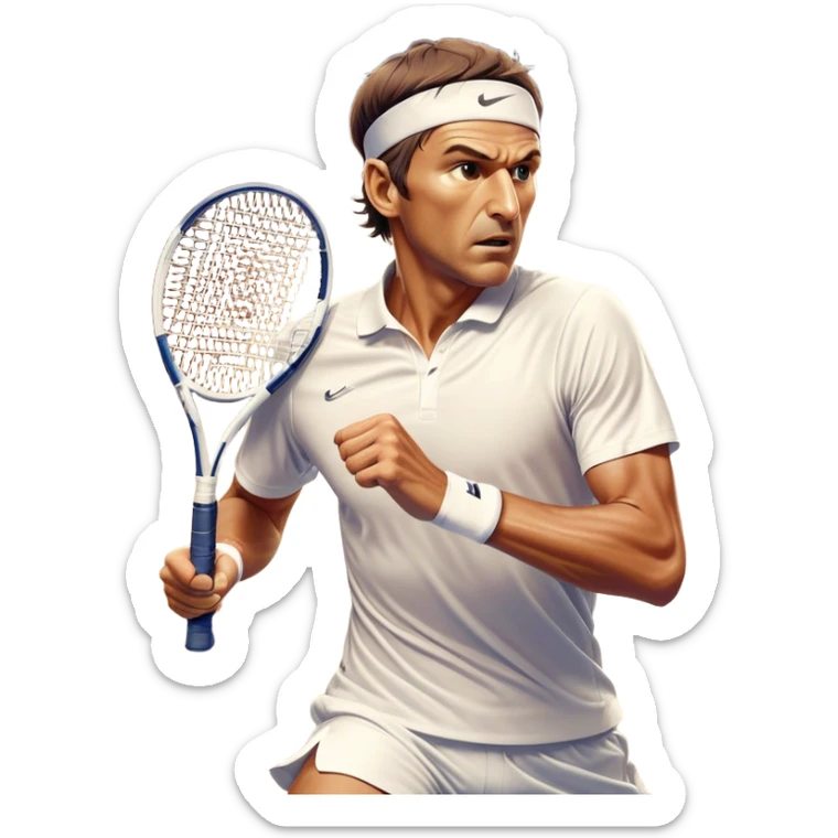 Cinematic Realistic portrait of Goran Ivanišević, depicted as an iconic tennis player in dynamic motion with detailed athletic gear and intense focus, illuminated by bold stadium lighting that accentuates his competitive spirit. sticker
