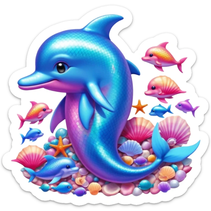 Emoji of a sparkly dolphin with blue and pink light aquamarine colours shells and mermaid vibes very 2000s mermaid aquatic aesthetic sticker