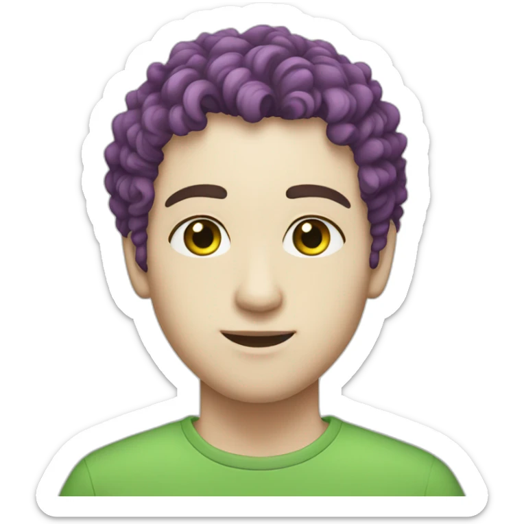Male with white skin, green eyes, short violet curly hair, nose piercing sticker