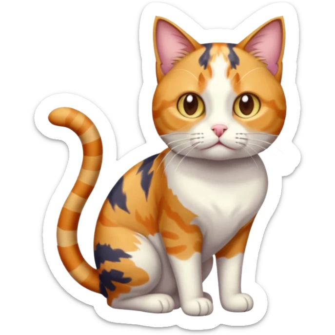 full body colourful calico tabby cat with disproportioned head with an anxious face and white front legs sticker