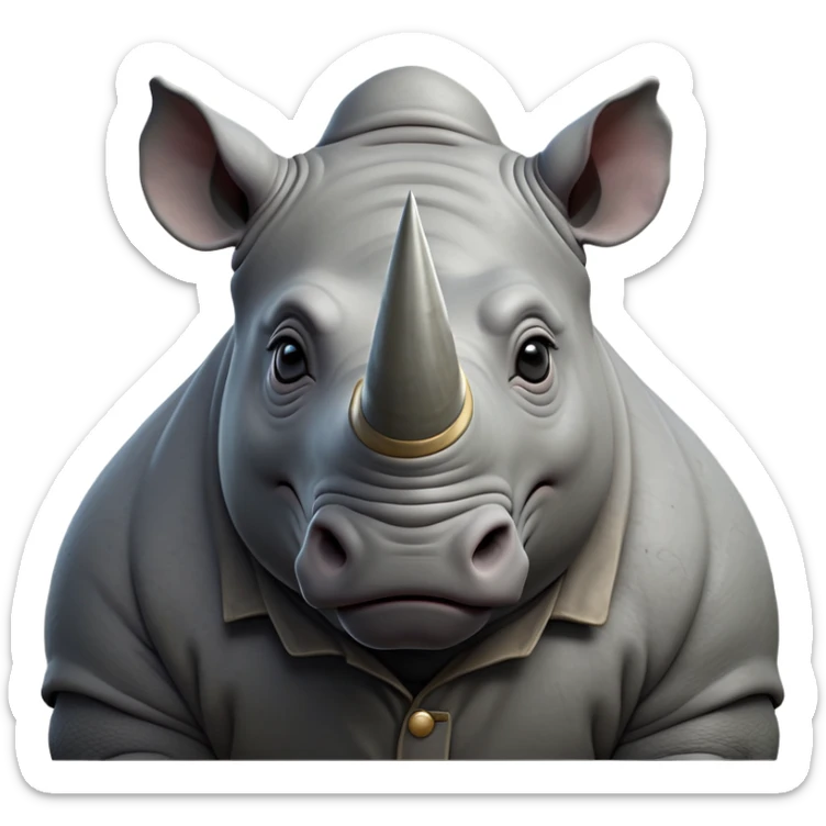 cinematic-noble-rhinoceros-portrait-emoji,-poised,-with-a-massive,-powerful-build-and-a-thick,-hide-of-slate-gray,-deep-set-soulful-piercing-eyes,-simplified-yet-sharp-and-sophisticated-features,-highly-detailed, with large black eyes, szoomed out showing houlders sticker