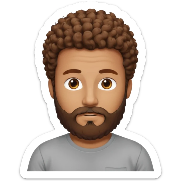 Curly-haired nightingale, with brown hair, a thick beard and a suvata to match the color of the hair on his head, large build, but not fat in a gray T-shirt, chest shot, IOS memoji style sticker